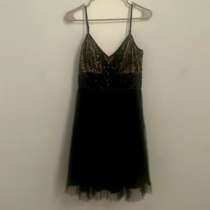 SUE WONG black beaded spaghetti strap cocktail dress